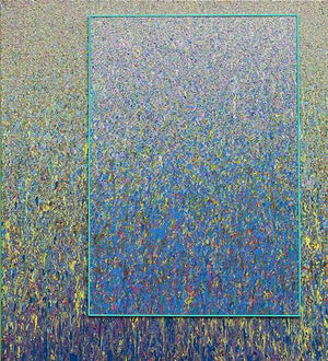 RE3 ist ein Kunstwerk bestehend aus zwei "Organic Grounds". Viele helle bunte Farbpunkte verwandeln sich nach unten hin in Farbstriche. Sie werden in ihrer Farblichkeit auch kräftiger: Gelb, Blau, Violett und Grün sind zu sehen. Die aufeinander geklebte Bilder sind beide weiß eingerahmt. Experimentelle Kunst. ARTLET | Atelier Hellbusch
