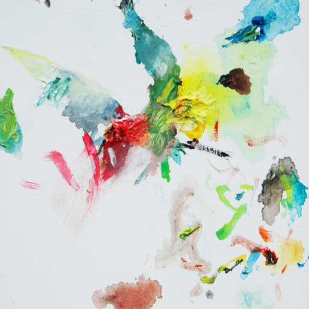 Abstraktes Ölgemälde eines seltenen Vogels in leuchtenden Blau-, Rot-, Gelb- und Grüntönen. Dynamische Pinselstriche, pastose Farbflächen und sanfte Übergänge. Öl auf Leinwand, 40x30 cm, 2025. ARTLET - Atelier Hellbusch