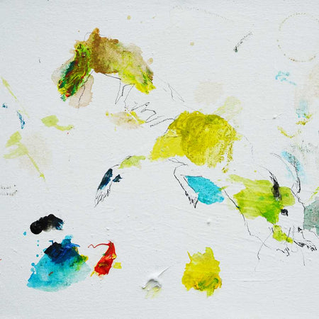 Abstraktes Ölgemälde eines seltenen Eichhörnchens in Gelb-, Grün-, Blau- und Erdtönen, kombiniert mit feinen Linien und sichtbaren Farbresten der Künstlerpalette. Öl auf Leinwand, 40x30 cm, 2025. ARTLET - Atelier Hellbusch