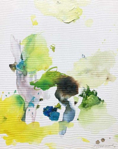 Seltener Hase | modernes Gemälde in bunten Farben (50 x 40 cm). Grüne Farben - begleitet mit gelb, blau und braun - ergeben eine abstrakte Komposition aus Farbflecken. Auf dem zweiten Blick erkennt man einen Hasen. Die weiße Grundierung in Kombination mit der reduzierten Malerei ergeben eine anregende Leichtigkeit und Magie. Kann man im Onlinehandel kaufen. Modernes Gemälde mit Tiermotiv, bunt und abstrakt. ARTLET | Atelier Hellbusch.