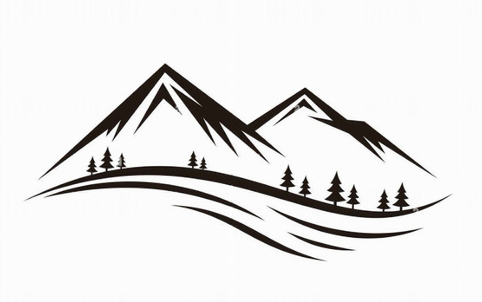 Minimalistische schwarz-weiße Grafik einer stilisierten Berglandschaft mit zwei Gipfeln, geschwungenen Hügeln und Tannenbäumen als Symbol für "abstrakte Landschaften"