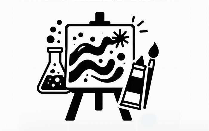 Schwarz-weißes Piktogramm einer Staffelei mit abstraktem Gemälde, Pinsel, Farbtube und Laborflasche als Symbol für experimentelle Malerei.