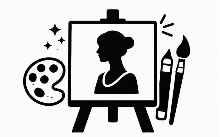 Schwarz-weißes Piktogramm einer Staffelei mit Porträt einer Person als Symbol für figurative Kunst.