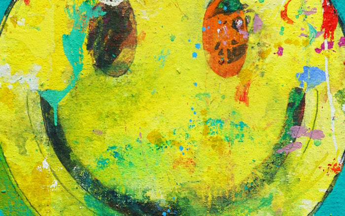Gelber Smiley auf grünem Hintergrund aus der Serie Schmiertafel – modernes Gemälde von Mark Hellbusch
