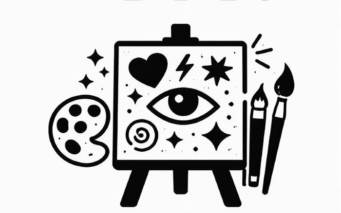 Schwarz-weißes Piktogramm einer Staffelei mit verschiedenen Symbolen auf der Leinwand.