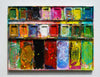 "Der Abschied" zeigt abstrakte Malerei auf einem großen Farbkasten (92 x 112 x 4 cm, in Situation). In den Mischfächer (unten) sind Gelb, Blau, Grün, Rot, Schwarz und Ocker zu sehen. Oben befinden sich 16 quadratische Teller mit den üblichen Farben einer Palette. In den Zwischenräumen sind Kleckse und Flecken sichtbar. Moderne Kunst vom Künstler Mark Hellbusch. ARTLET - Atelier Hellbusch
