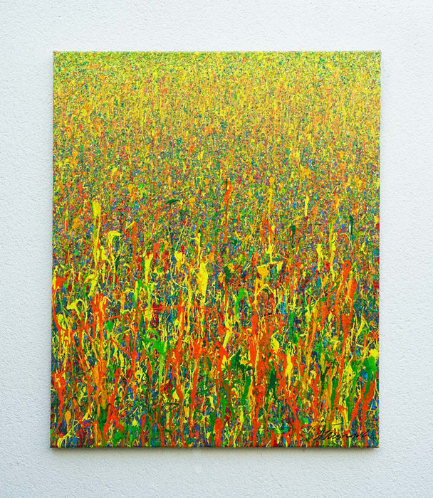 Abstrakte bunte Kunst im Hochformat, Claim 158, Acryl und Lack auf Leinwand, 110x90 cm, Atelier Hellbusch (in situ)