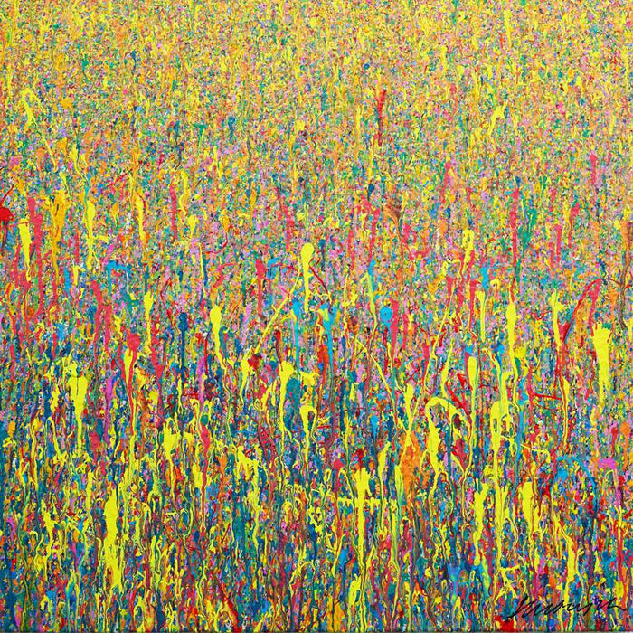 Abstrakte Kunst mit Gelb, Blau und bunten Farben – Originalgemälde von Mark Hellbusch, 110 × 100 cm, Acryl auf Leinwand, 2026