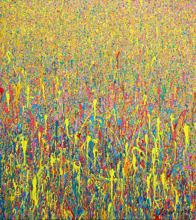 Abstrakte Kunst mit Gelb, Blau und bunten Farben – Originalgemälde von Mark Hellbusch, 110 × 100 cm, Acryl auf Leinwand, 2026