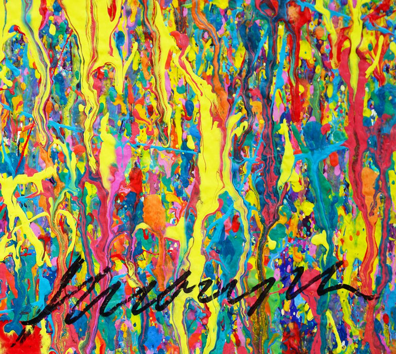 Abstrakte Kunst mit Gelb, Blau und bunten Farben – Originalgemälde von Mark Hellbusch, 110 × 100 cm, Acryl auf Leinwand, 2026