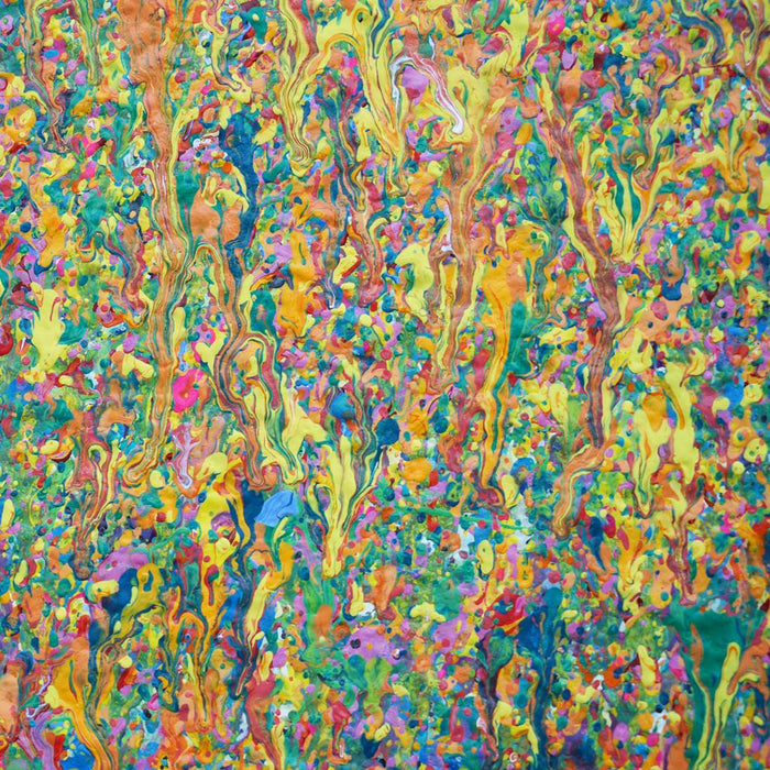 Abstrakte Kunst mit Gelb, Blau und bunten Farben – Originalgemälde von Mark Hellbusch, 110 × 100 cm, Acryl auf Leinwand, 2026