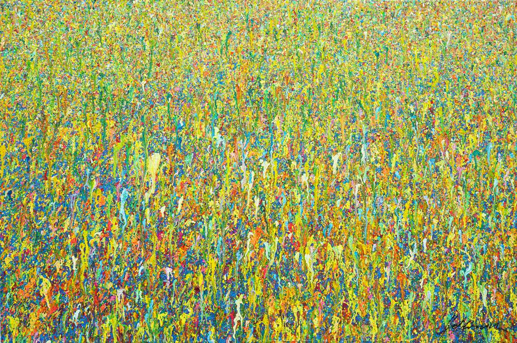 Abstraktes Gemälde Claim 156, vertikale Farbverläufe in leuchtenden Farben, Acryl und Lack auf Leinwand, Atelier Hellbusch