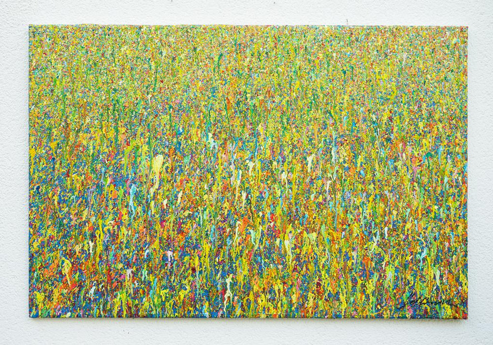 Abstraktes Gemälde Claim 156, vertikale Farbverläufe in leuchtenden Farben, Acryl und Lack auf Leinwand, Atelier Hellbusch