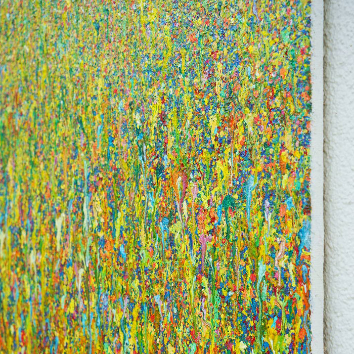 Abstraktes Gemälde Claim 156 (Seitenansicht), vertikale Farbverläufe in leuchtenden Farben, Acryl und Lack auf Leinwand, Atelier Hellbusch