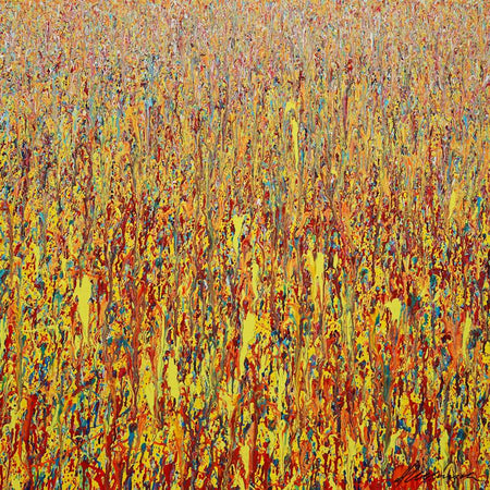 Abstrakte Kunst Claim 163, warme leuchtende Farbstruktur, Acryl und Lack auf Leinwand, 100x120 cm, Atelier Hellbusch