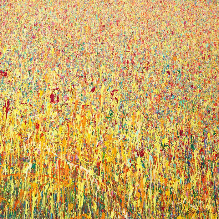 Abstraktes Gemälde „Claim 164“ von Mark Hellbusch im XXL-Format (140 × 240 cm), 2026. Acryl auf Leinwand mit warmen Rottönen, Orange und Gelb.