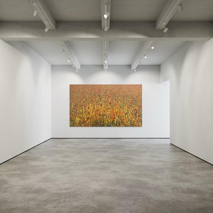 Abstraktes Gemälde „Claim 164“ von Mark Hellbusch im XXL-Format (140 × 240 cm), 2026. Acryl auf Leinwand mit warmen Rottönen, Orange und Gelb.