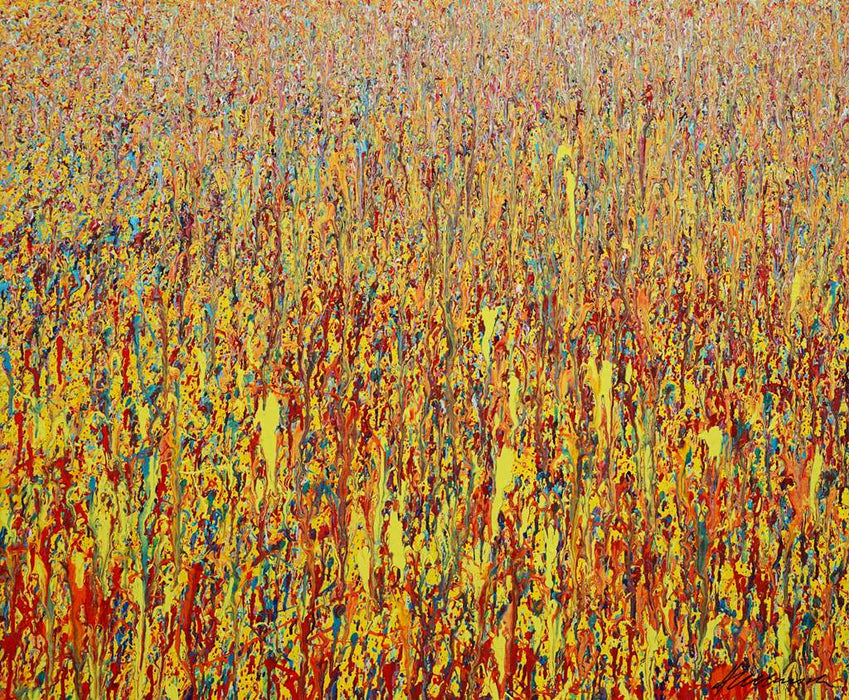 Abstrakte Kunst Claim 163, warme leuchtende Farbstruktur, Acryl und Lack auf Leinwand, 100x120 cm, Atelier Hellbusch