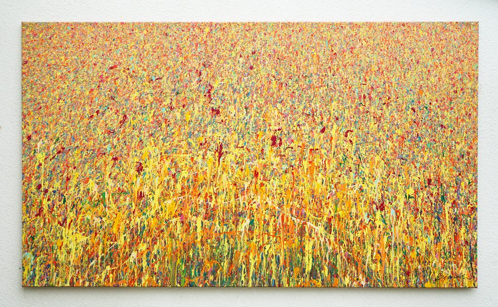 Abstraktes Gemälde „Claim 164“ von Mark Hellbusch im XXL-Format (140 × 240 cm), 2026. Acryl auf Leinwand mit warmen Rottönen, Orange und Gelb.