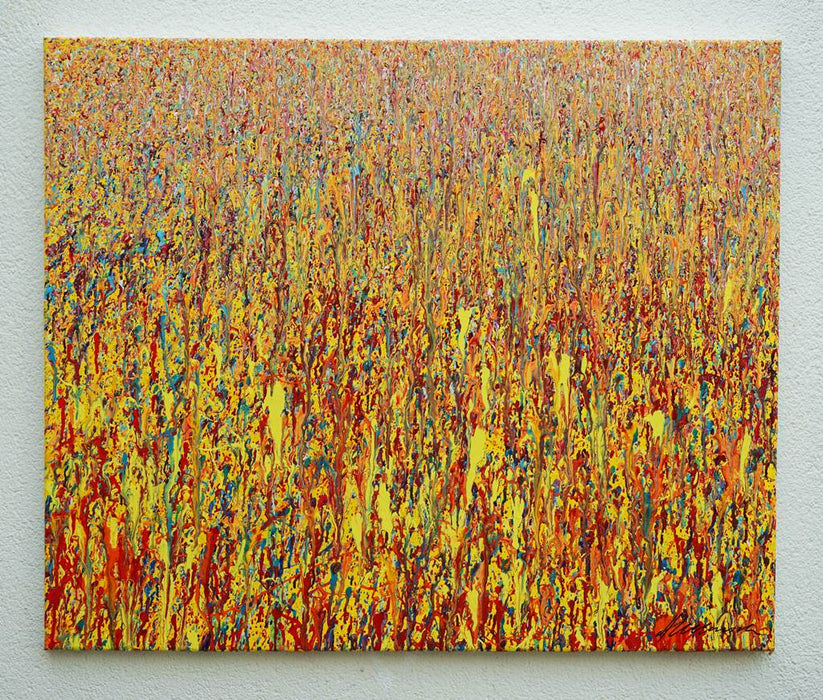 Abstrakte Kunst Claim 163 (in situ), warme leuchtende Farbstruktur, Acryl und Lack auf Leinwand, 100x120 cm, Atelier Hellbusch