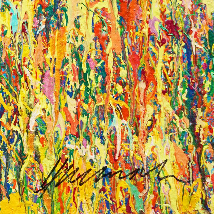 Abstraktes Gemälde „Claim 164“ (Ausschnitt) von Mark Hellbusch im XXL-Format (140 × 240 cm), 2026. Acryl auf Leinwand mit warmen Rottönen, Orange und Gelb.