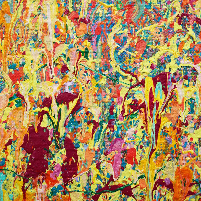 Abstraktes Gemälde „Claim 164“ (Ausschnitt) von Mark Hellbusch im XXL-Format (140 × 240 cm), 2026. Acryl auf Leinwand mit warmen Rottönen, Orange und Gelb.