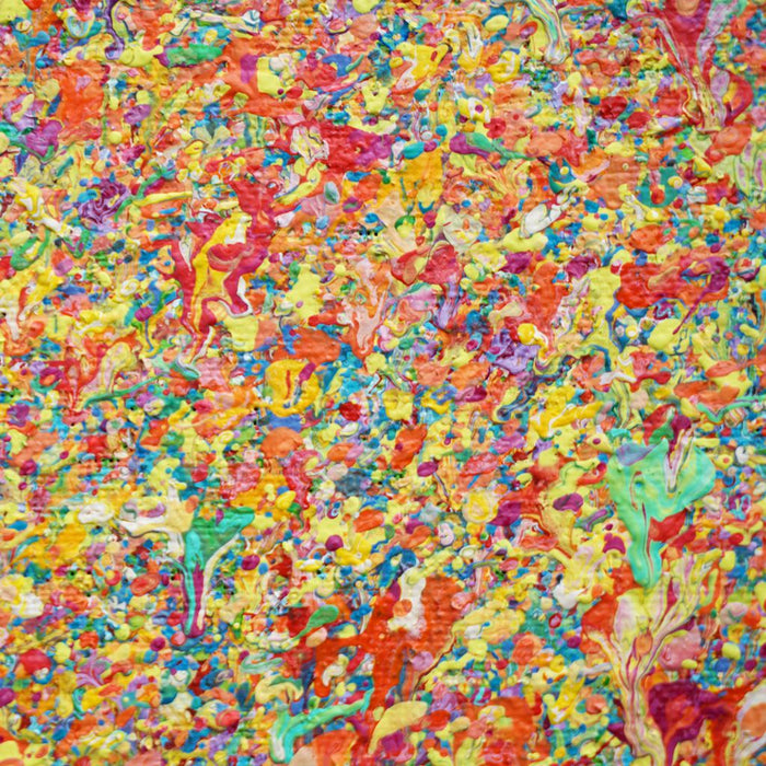 Abstraktes Gemälde „Claim 164“ (Ausschnitt) von Mark Hellbusch im XXL-Format (140 × 240 cm), 2026. Acryl auf Leinwand mit warmen Rottönen, Orange und Gelb.