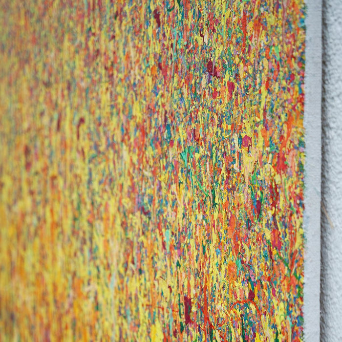 Abstraktes Gemälde „Claim 164“ (Seite) von Mark Hellbusch im XXL-Format (140 × 240 cm), 2026. Acryl auf Leinwand mit warmen Rottönen, Orange und Gelb.