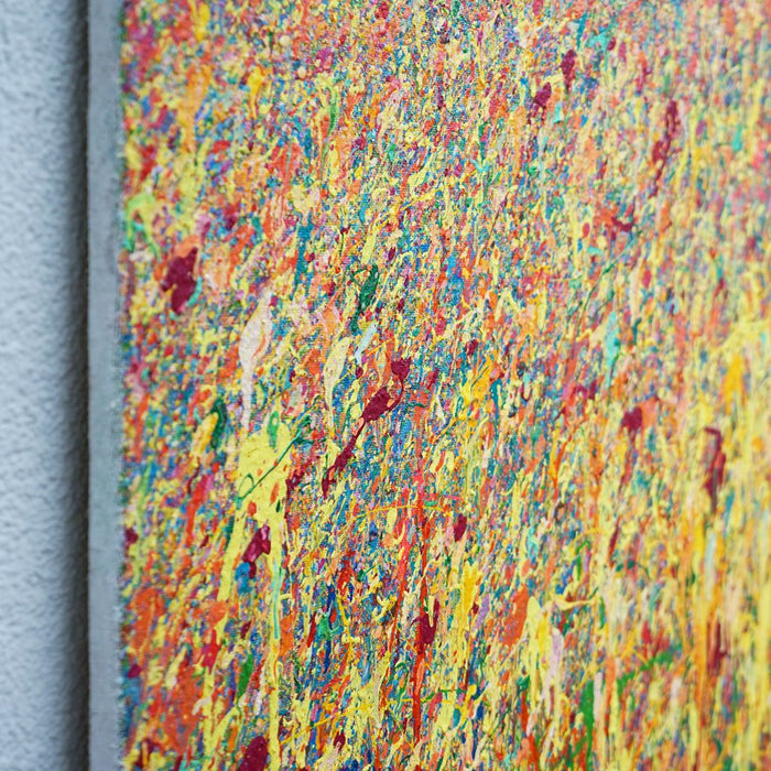 Abstraktes Gemälde „Claim 164“ (Seite) von Mark Hellbusch im XXL-Format (140 × 240 cm), 2026. Acryl auf Leinwand mit warmen Rottönen, Orange und Gelb.