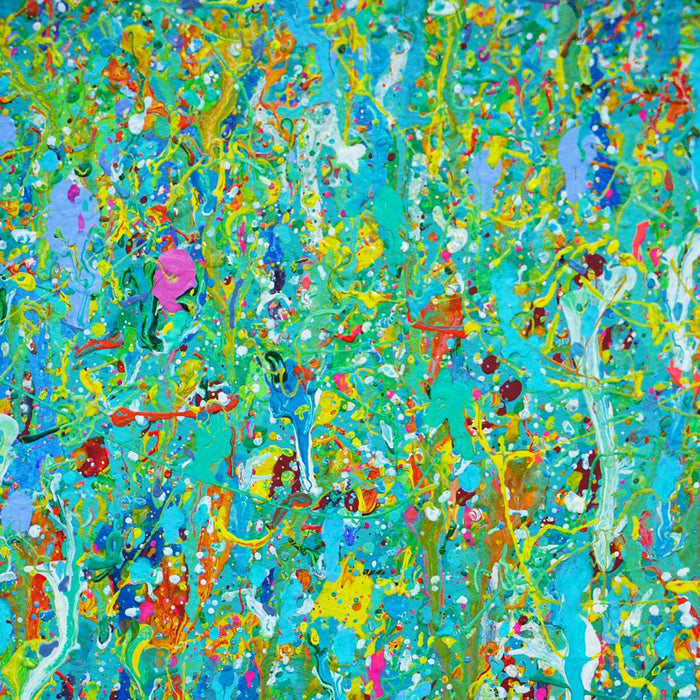 Abstraktes Gemälde (Nahaufnahme) in sanften Blautönen von Mark Hellbusch, Acryl auf Leinwand, 70x100 cm, Unikat 2026