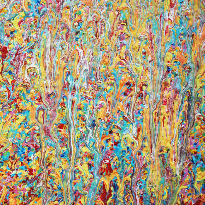 Detailansicht Claim 161, abstrakte rote Farbstruktur mit vertikalen Tropfspuren, Atelier Hellbusch