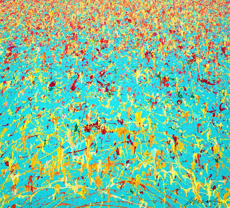 Abstrakte Kunst in Blau mit farbiger Sprenkelstruktur, Claim 153, Acryl und Lack auf Leinwand, 100 × 110 cm, zeitgenössische abstrakte Kunst, Atelier Hellbusch.