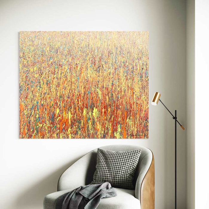 Claim 161 in situ, abstrakte rote Farbstruktur mit vertikalen Tropfspuren, Atelier Hellbusch