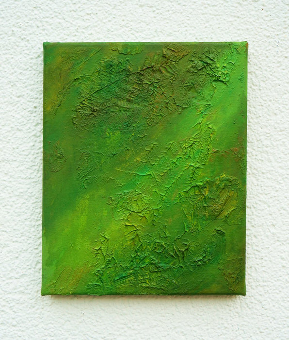 "Achim", 30x24 cm, 2026: abstraktes Gemälde mit grünen Farben auf Leinwand und strukturierter Oberfläche. Künstler Mark Hellbusch