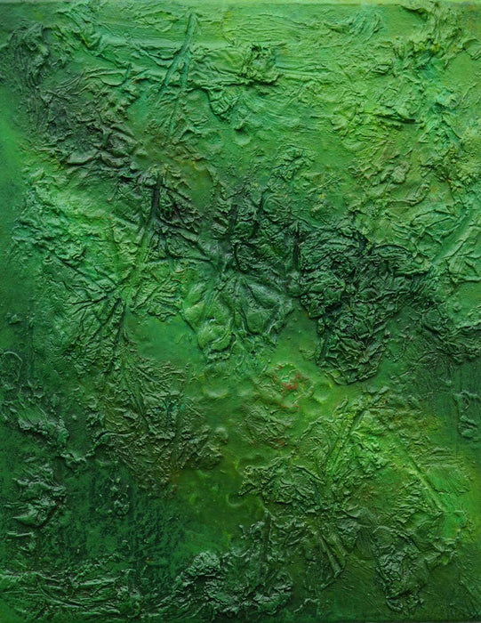 "Alex", 30x24 cm, 2025: abstraktes Gemälde von Mark Hellbusch in grünen Farben auf Leinwand mit dichter strukturierter Oberfläche