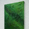 "Alex", 30x24 cm, 2025 (Seitenaufnahme): abstraktes Gemälde von Mark Hellbusch in grünen Farben auf Leinwand mit dichter strukturierter Oberfläche