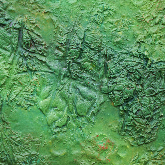"Alex", 30x24 cm, 2025 (Nahaufnahme): abstraktes Gemälde von Mark Hellbusch in grünen Farben auf Leinwand mit dichter strukturierter Oberfläche