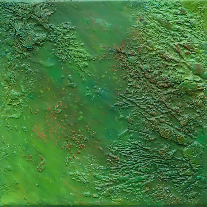 Abstraktes Gemälde „Ali“ in 20 × 20 cm, 2025, grüne Malerei mit organischen Strukturen, Acryl und Öl auf Leinwand – Atelier Hellbusch
