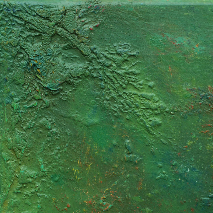 Abstraktes Gemälde „Ali“ in 20 × 20 cm, 2025, grüne Malerei mit organischen Strukturen, Acryl und Öl auf Leinwand (Nahaufnahme) – Atelier Hellbusch