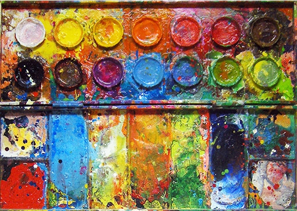 Abstraktes Farbkasten-Gemälde „Am See“ (80 × 110 × 4 cm, 2014) – Mischtechnik von Mark Hellbusch. Kräftige Rot-, Gelb-, Blau- und Grüntöne erinnern an Spiegelungen im Wasser. Heute in Privatbesitz.