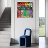 "Am Vesuv" zeigt moderne Kunst auf dem Farbkasten (80 x 80 cm, in Situation). Zu sehen ist das Gemälde in Wiesbaden. In den Mischfächer (unten) sind violette, grüne, weiße und rote Farben. Oben befinden sich 12 Farbteller mit den bunten Farben eines Farbkastens. In den Zwischenräumen sind Farbkleckse und -flecken sichtbar. Moderne Kunst. ARTLET - Atelier Hellbusch. 