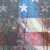 Zeitgenössisches Gemälde „America“ (120 × 190 cm, 2002) – amerikanische Flagge mit abstraktem Wirbelsturm und organischen Strukturen in Öl auf Leinwand (Nahaufnahme). Atelier Hellbusch