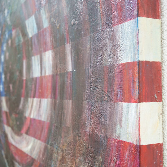 Zeitgenössisches Gemälde „America“ (120 × 190 cm, 2002) – amerikanische Flagge mit abstraktem Wirbelsturm und organischen Strukturen in Öl auf Leinwand (Nahaufnahme). Atelier Hellbusch