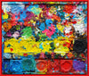 "Arena" zeigt moderne Malerei auf dem Farbkasten (eingerahmt 54 x 64 cm) und ergibt ein Wandobjekt. In den Mischfächern (rechts) sind bunte Farbtöne und -kleckse zu erkennen. In der linken Hälfte befinden sich 5 Farbteller mit Rot, Orange, Grün, Blau und Schwarz. In den Zwischenräumen sind Farbflecken sichtbar. Es wurde experimentell gemalt. Das Gemälde ist mit Schattenfuge gerahmt. Das Original befindet sich in Wiesbaden bei Frankfurt. Abstrakte Kunst. ARTLET | Atelier Hellbusch.