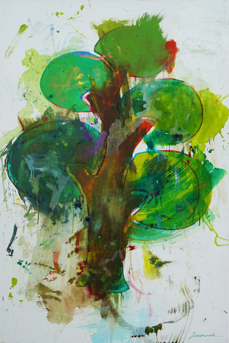 Baum VI – großes grünes Baum-Gemälde in expressiver Ölmalerei aus der Serie Schmiertafel von Mark Hellbusch