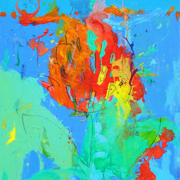 Blume VII (Ausschnitt) ist ein farbintensives Originalgemälde aus der Serie Schmiertafel. Leuchtendes Blau trifft auf Rot, Grün und Orange in einer expressiven Blumenkomposition.