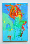 Blume VII ist ein farbintensives Originalgemälde aus der Serie Schmiertafel. Leuchtendes Blau trifft auf Rot, Grün und Orange in einer expressiven Blumenkomposition.