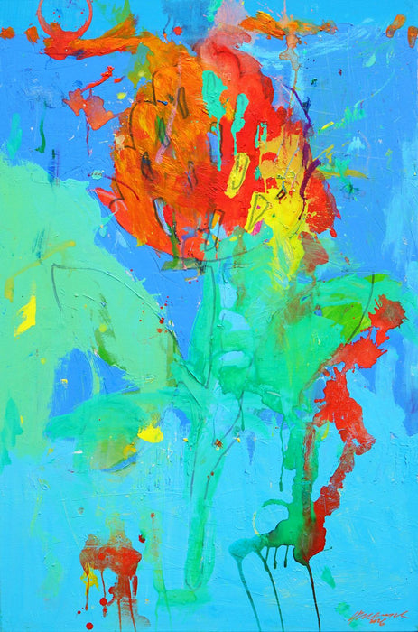 Blume VII ist ein farbintensives Originalgemälde aus der Serie Schmiertafel. Leuchtendes Blau trifft auf Rot, Grün und Orange in einer expressiven Blumenkomposition. Künstler Mark Hellbusch