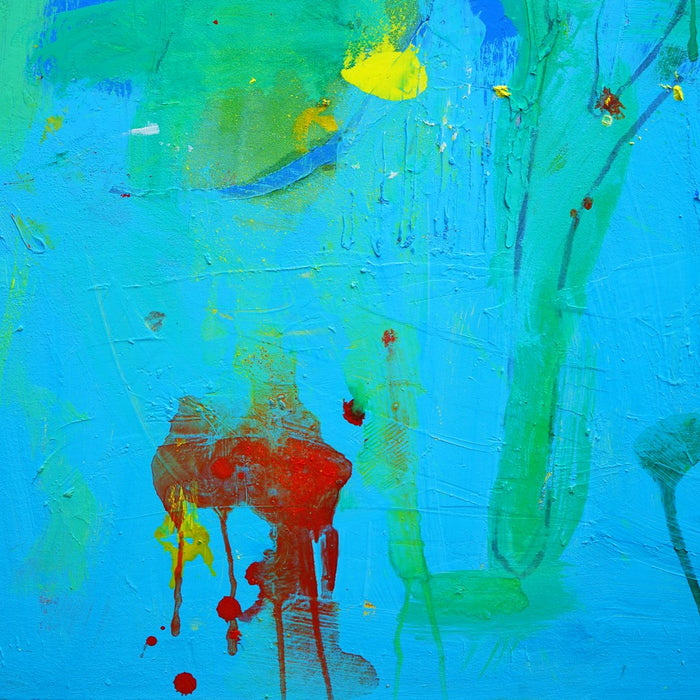 Blume VII (Ausschnitt) ist ein farbintensives Originalgemälde aus der Serie Schmiertafel. Leuchtendes Blau trifft auf Rot, Grün und Orange in einer expressiven Blumenkomposition.