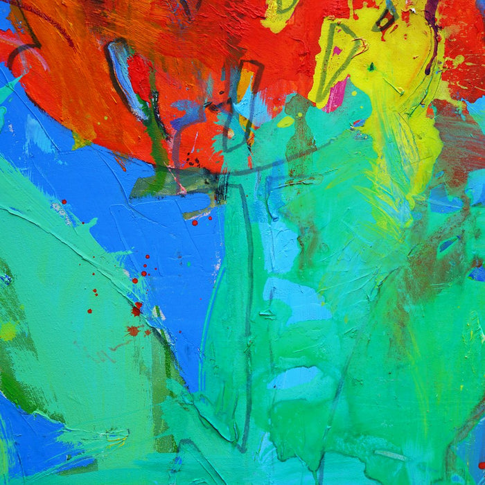 Blume VII (Ausschnitt) ist ein farbintensives Originalgemälde aus der Serie Schmiertafel. Leuchtendes Blau trifft auf Rot, Grün und Orange in einer expressiven Blumenkomposition.